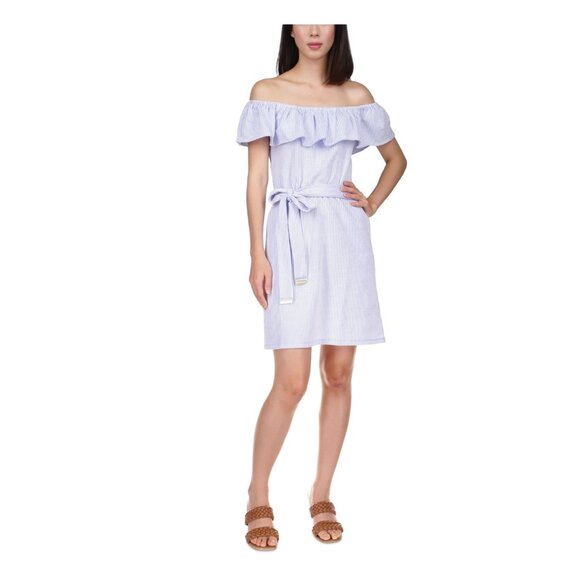 MICHAEL KORS Womens Blue Pocketed Tie Ruffled Striped Off Shoulder Dress Size XL - Picture 1 of 2